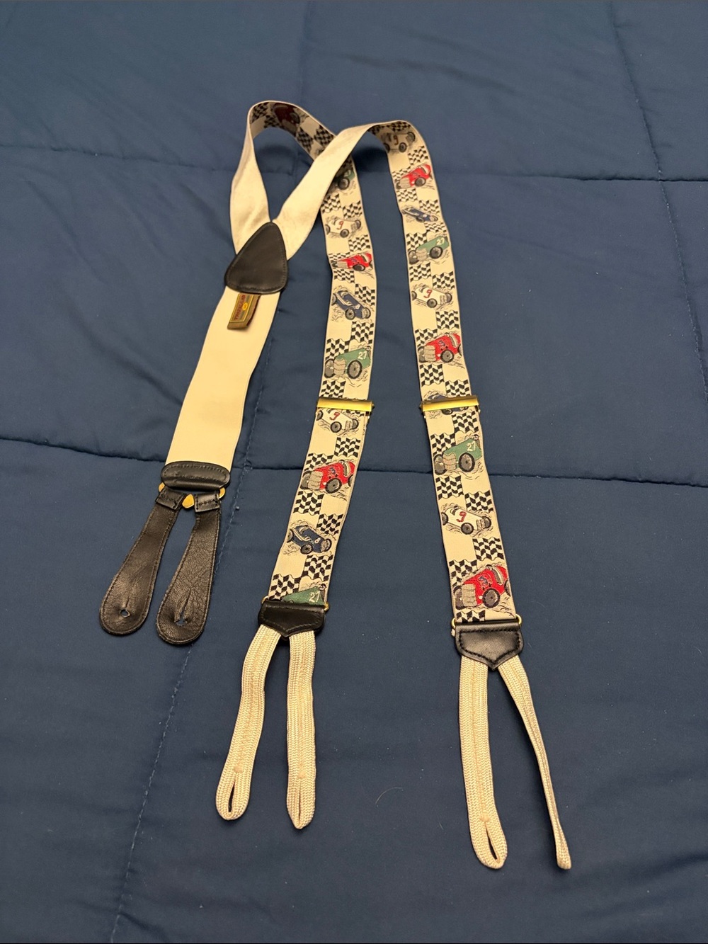 Trafalgar white Racing-Print Button Suspenders with Black Leather Accents